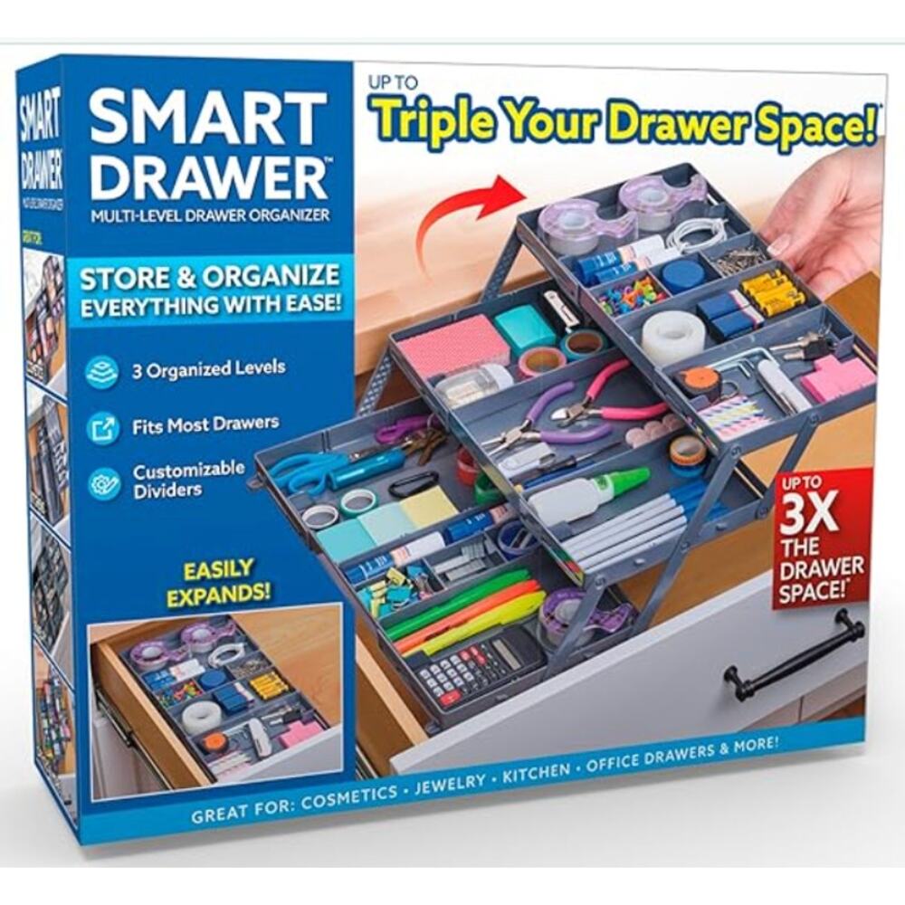 3-tier expandable Smart Drawer Organizer with Adjustable Dividers- Gray